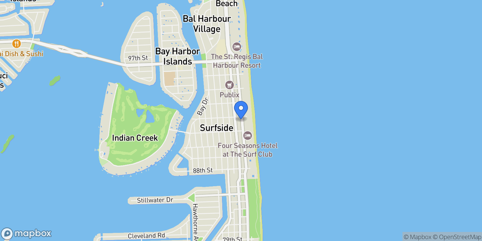 Map showing 9172 Collins Ave #302, Surfside, FL 33154, Bal Harbour, Florida, United States.