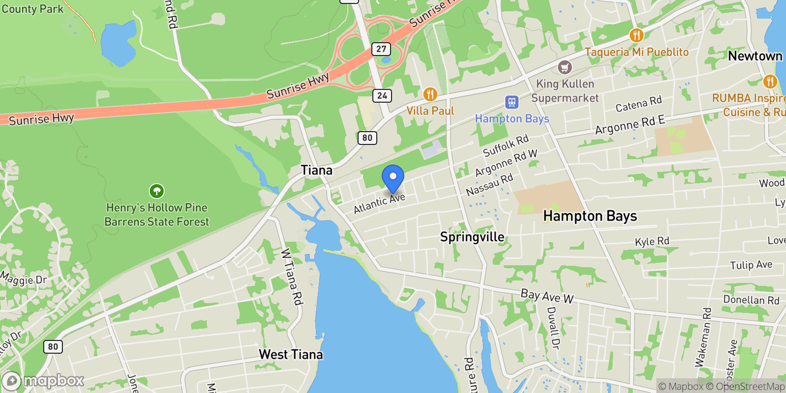 Map showing 32 Atlantic Ave, Hampton Bays, New York, United States.
