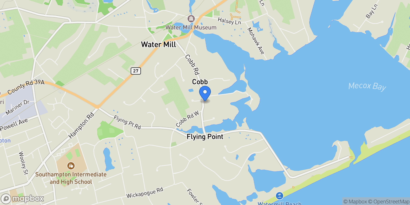 Map showing 158 Cobb Road, Water Mill, NY 11976, Water Mill, New York, United States.