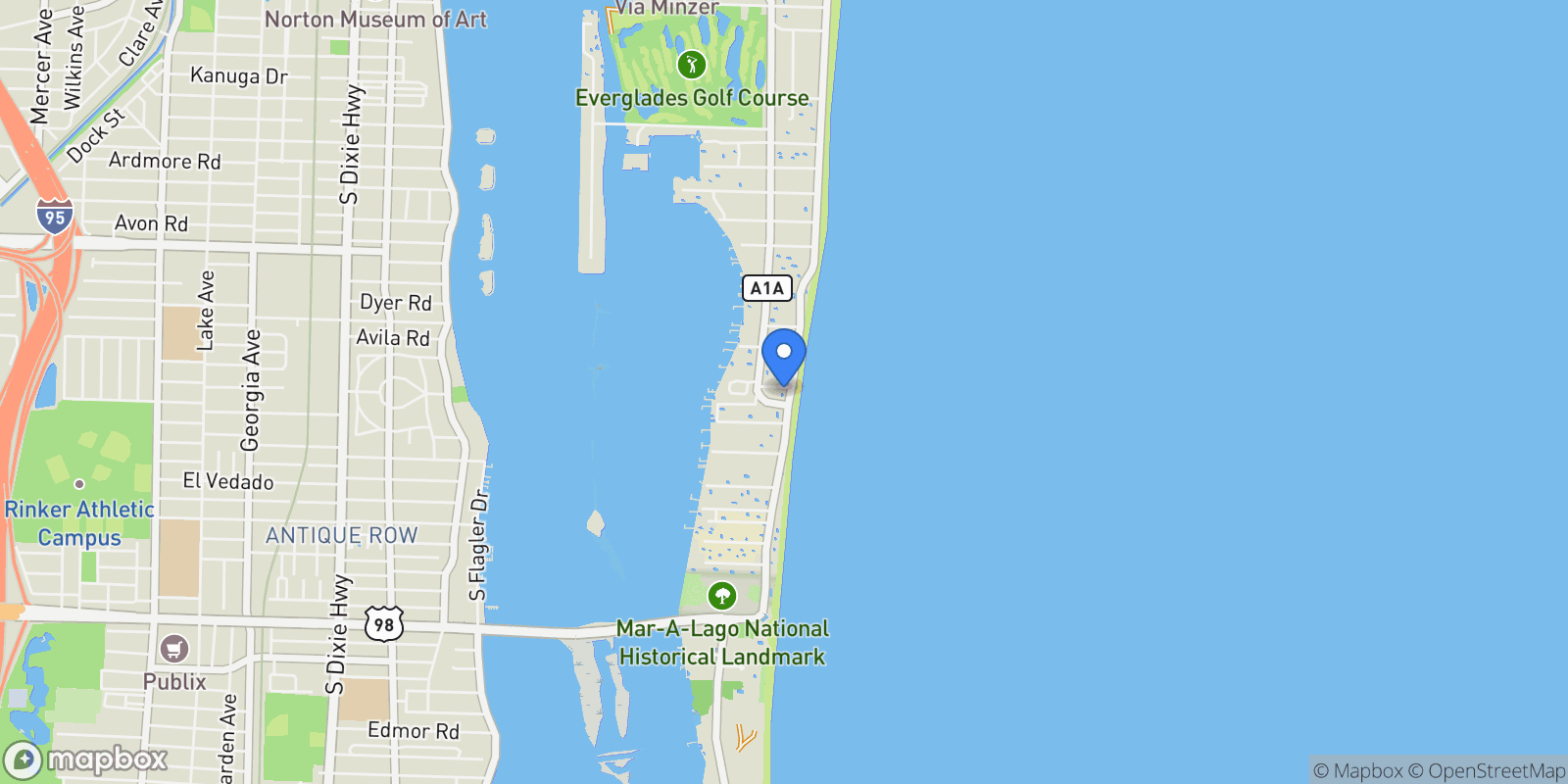 Map showing 880 South Ocean Boulevard, Palm Beach, FL 33480, Palm Beach, Florida, United States.