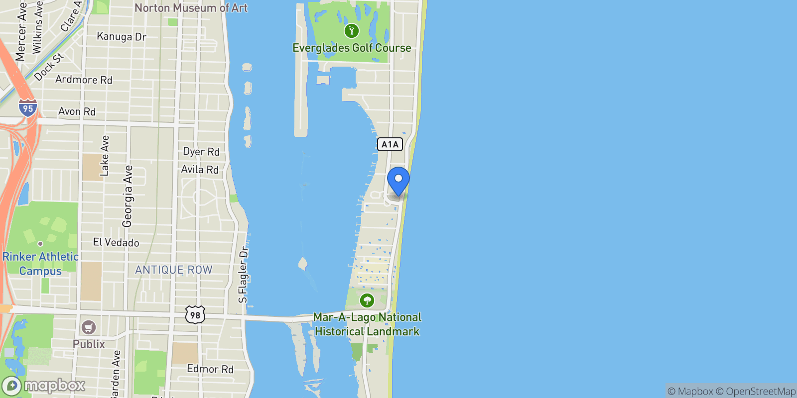 Map showing 880 S Ocean Boulevard , Palm Beach, FL 33480, Palm Beach, Florida, United States.