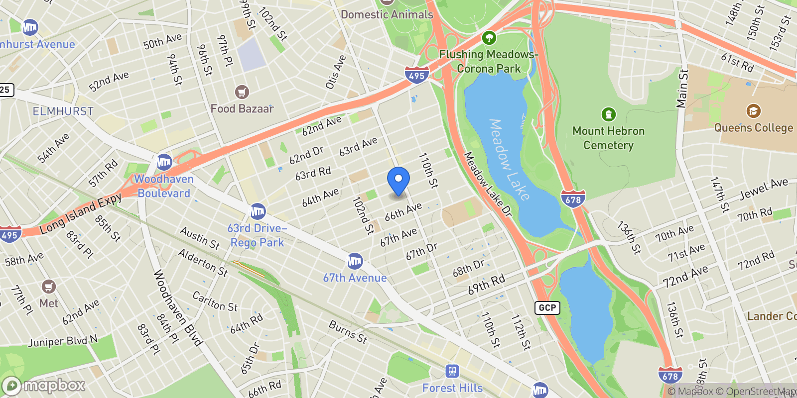 Map showing 105-39 65 Road, Forest Hills, NY 11375, New York, New York, United States.