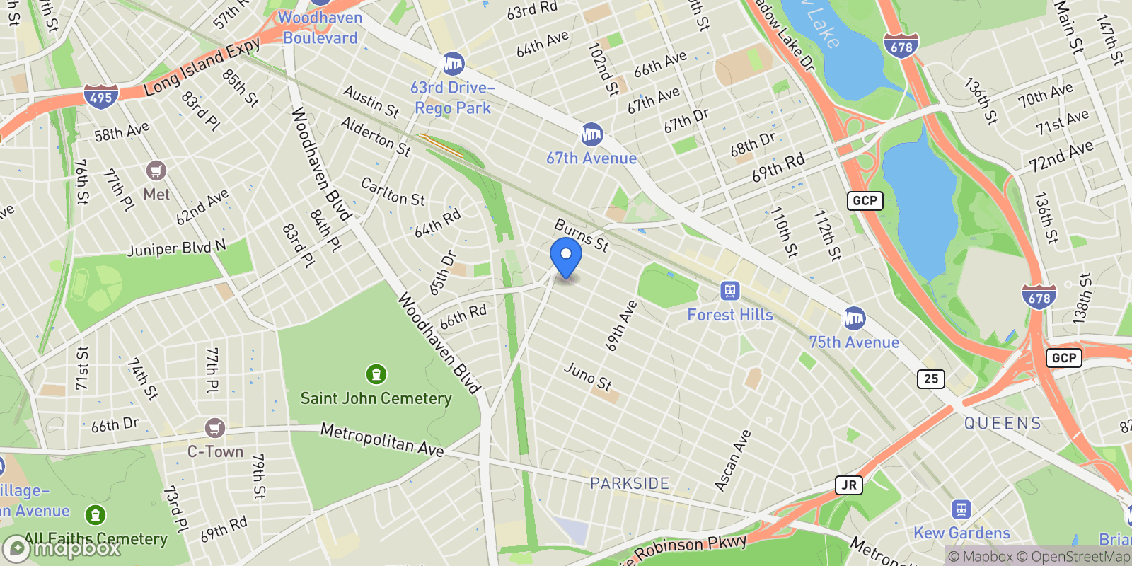 Map showing 67-56 Exeter Street, Forest Hills, NY 11375, New York, New York, United States.