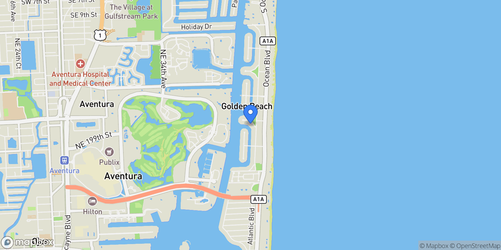 Map showing 268 S Parkway, Golden Beach, Florida, United States.