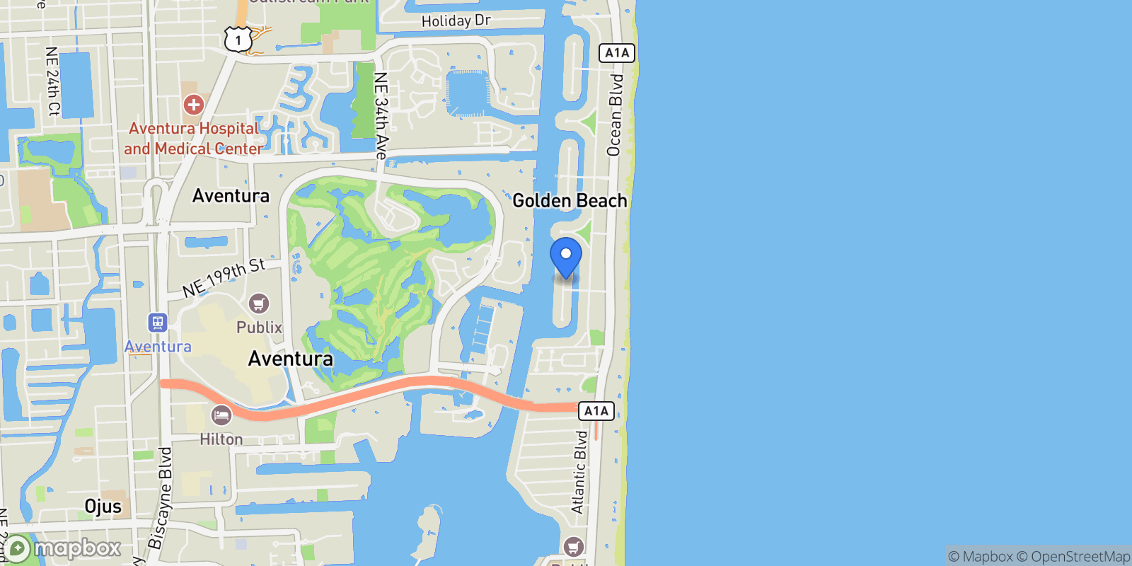Map showing 224 S ISLAND, Golden Beach, Florida, United States.