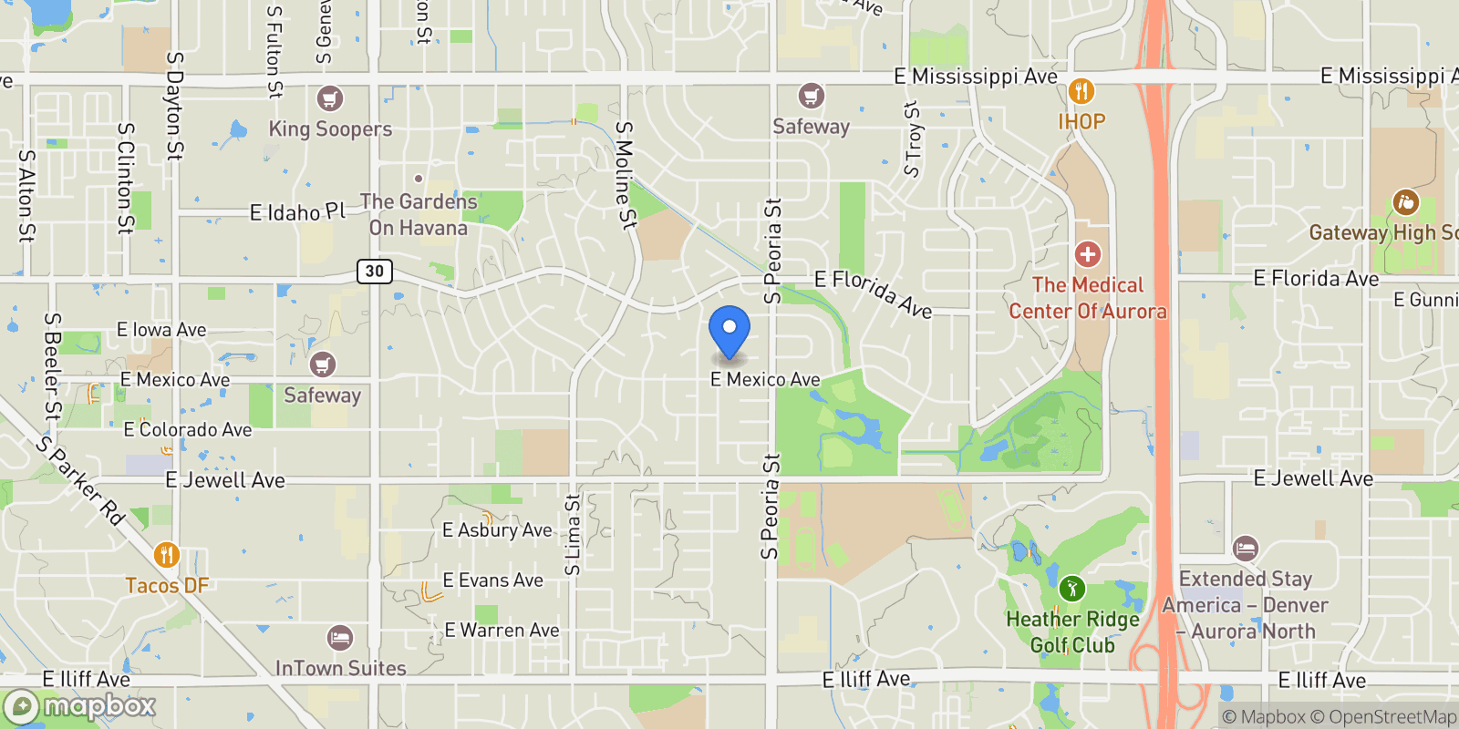 Map showing 11956 E Oregon Circle, Aurora, Colorado, United States.