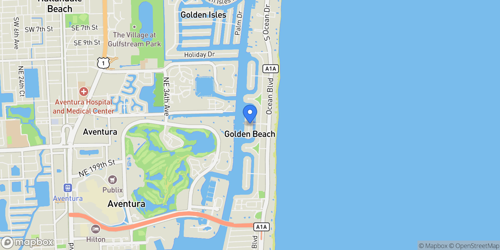 Map showing 385 Centre Is, Golden Beach, Florida, United States.