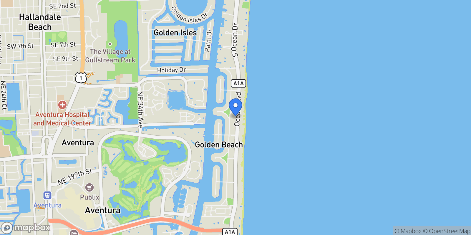 Map showing 480 Ocean Blvd, Golden Beach, Florida, United States.
