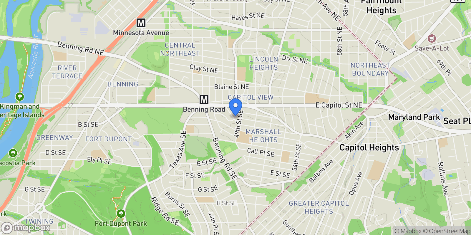Map showing 46 47th SE , Washington, DC 20019, Washington, District of Columbia, United States.