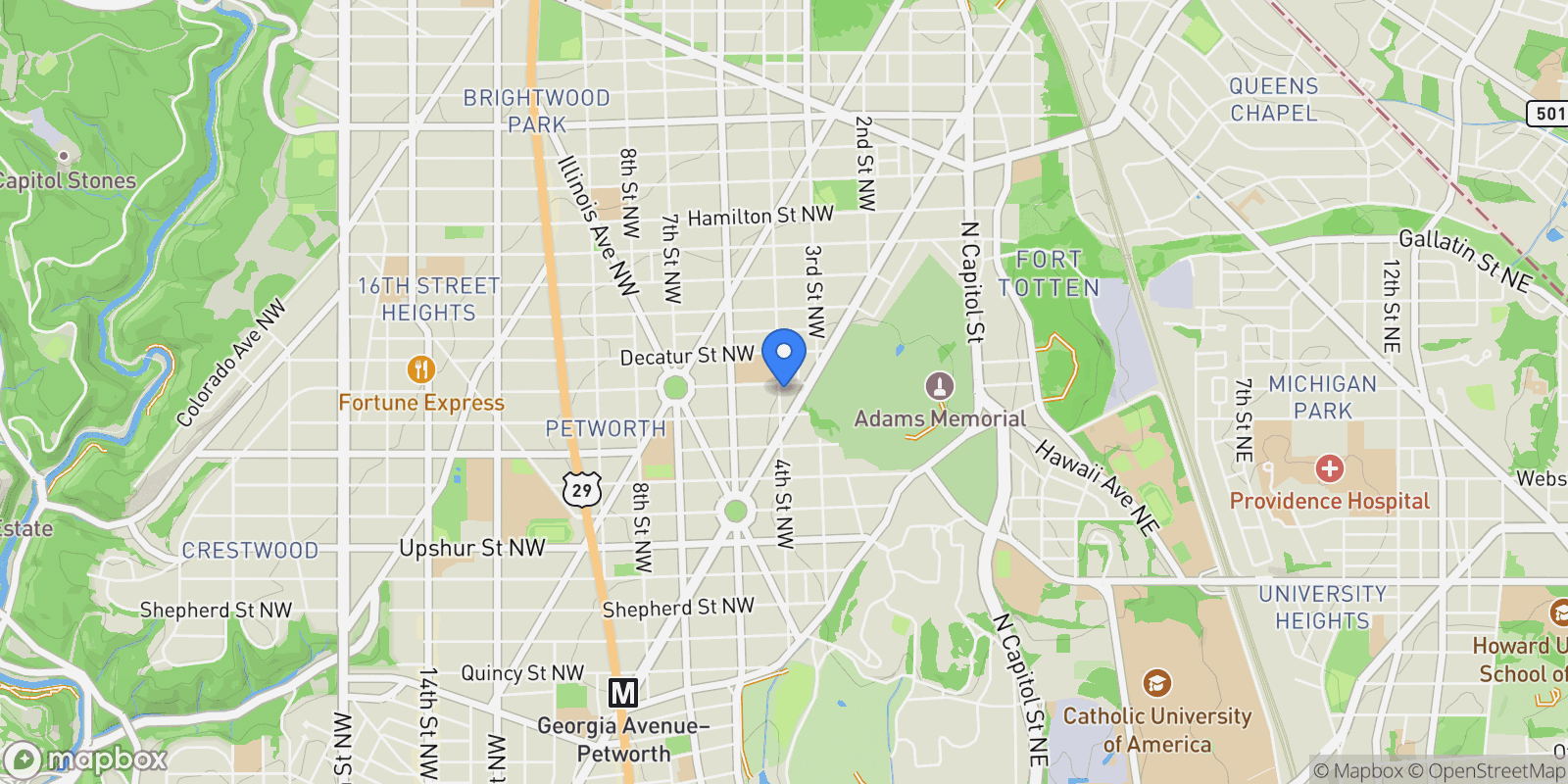 Map showing 4625 4th Street NW, Washington, DC 20011, Washington, District of Columbia, United States.