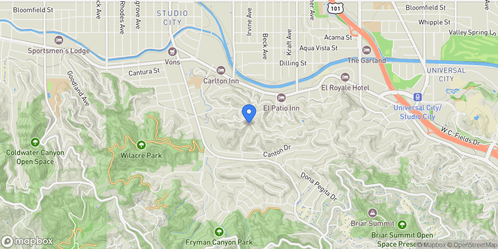 Map showing 11600 Amanda Drive , Studio City, CA 91604, Los Angeles, California, United States.