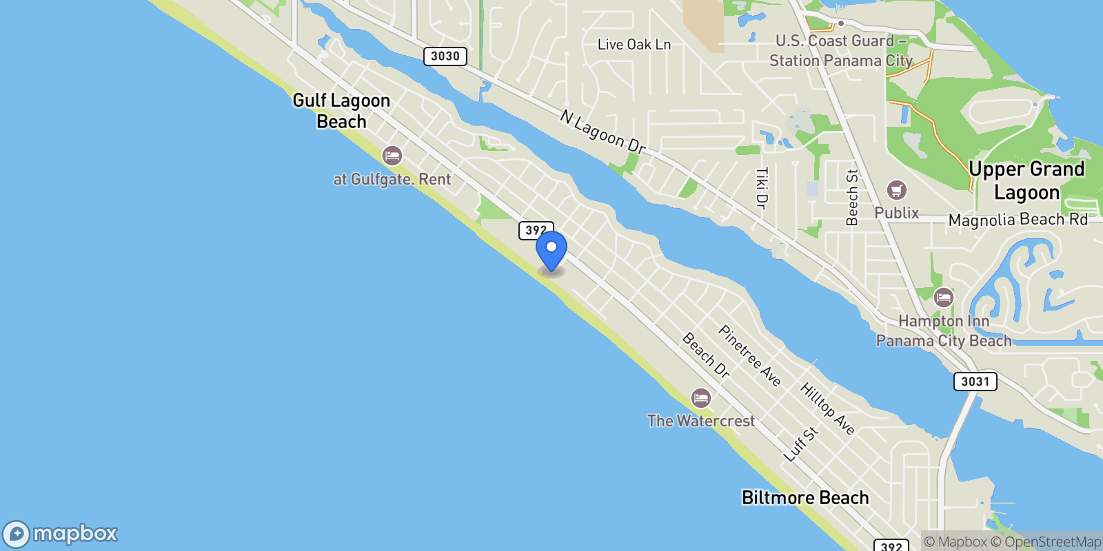 Map showing Panama City Beach, Florida, United States.