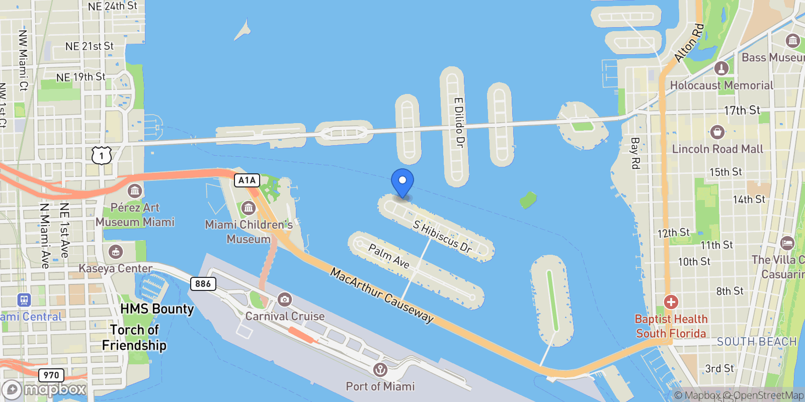 Map showing 375 N Hibiscus Dr, Miami Beach, Florida, United States.
