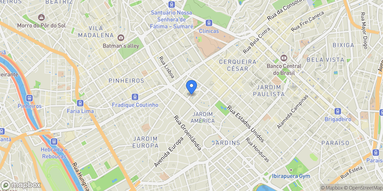 Map showing Rua Guadelupe Jardim América, São Paulo, SP 01439-010, São Paulo, State of São Paulo, Brazil.