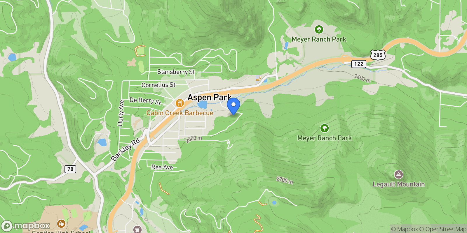 Map showing 25257 Snyder Avenue, Conifer, CO 80433, Conifer, Colorado, United States.
