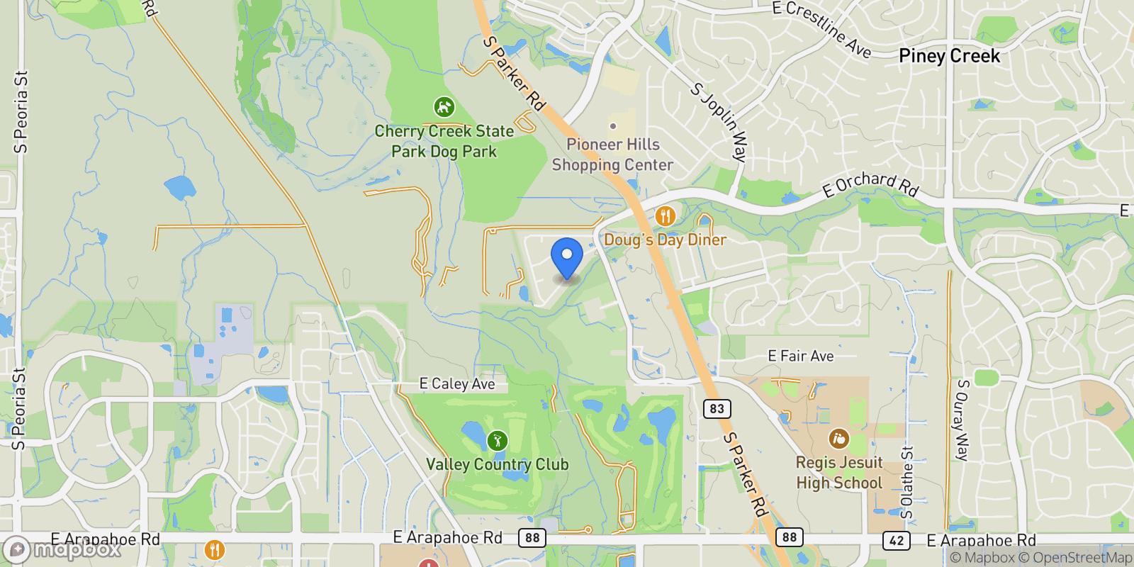 Map showing 14890 E Maplewood Drive, Centennial, CO 80016, Aurora, Colorado, United States.