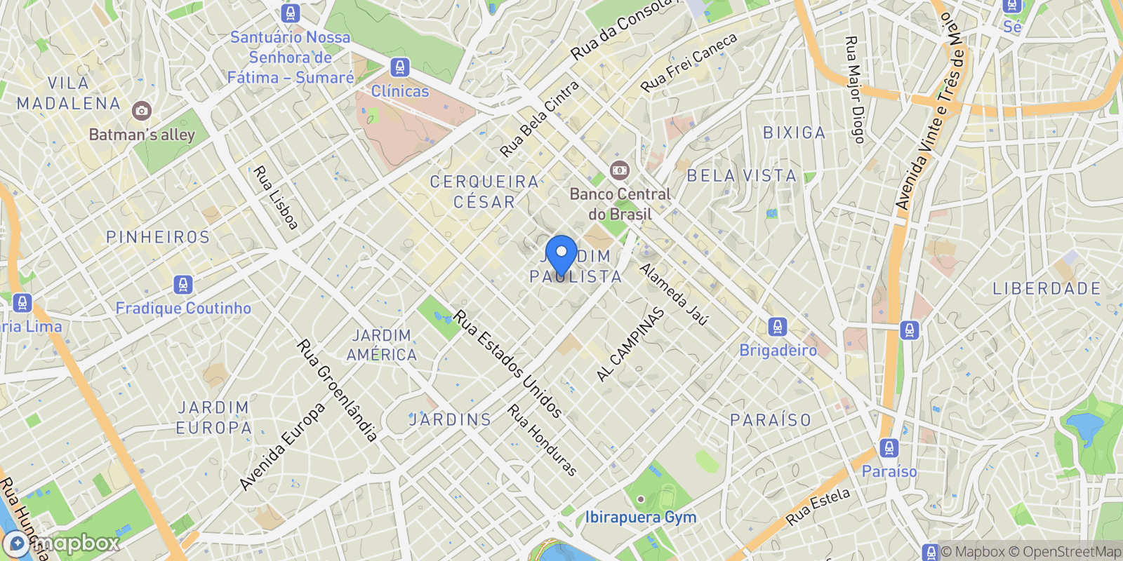 Map showing Rua Tatuí Jardim América, São Paulo, SP 01409-010, São Paulo, State of São Paulo, Brazil.