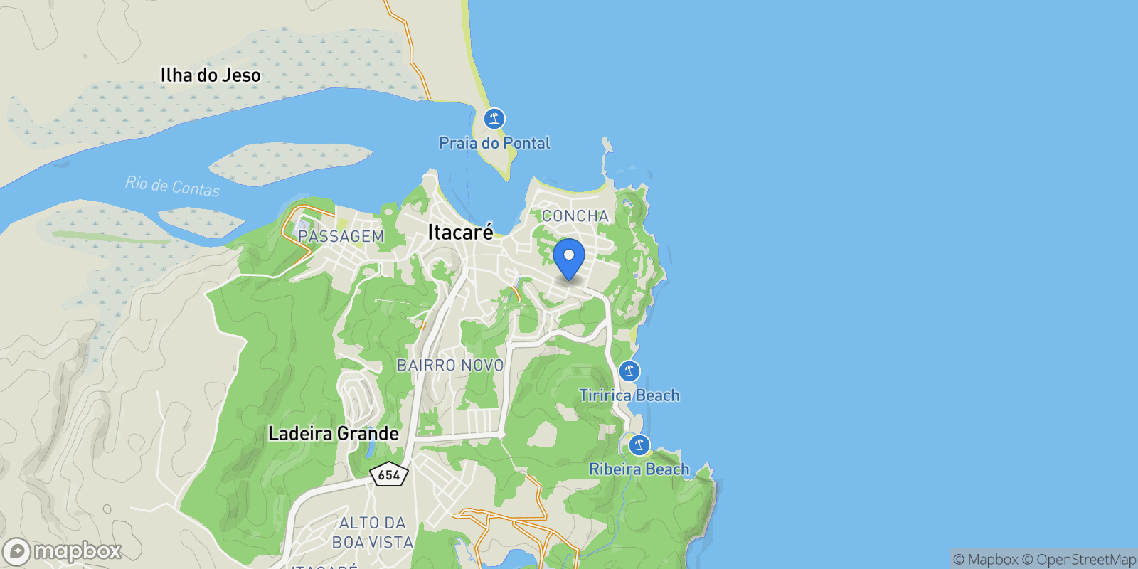 Map showing Itacaré Praia do Resende, Itacaré, BA 45530-000, Itacaré, State of Bahia, Brazil.