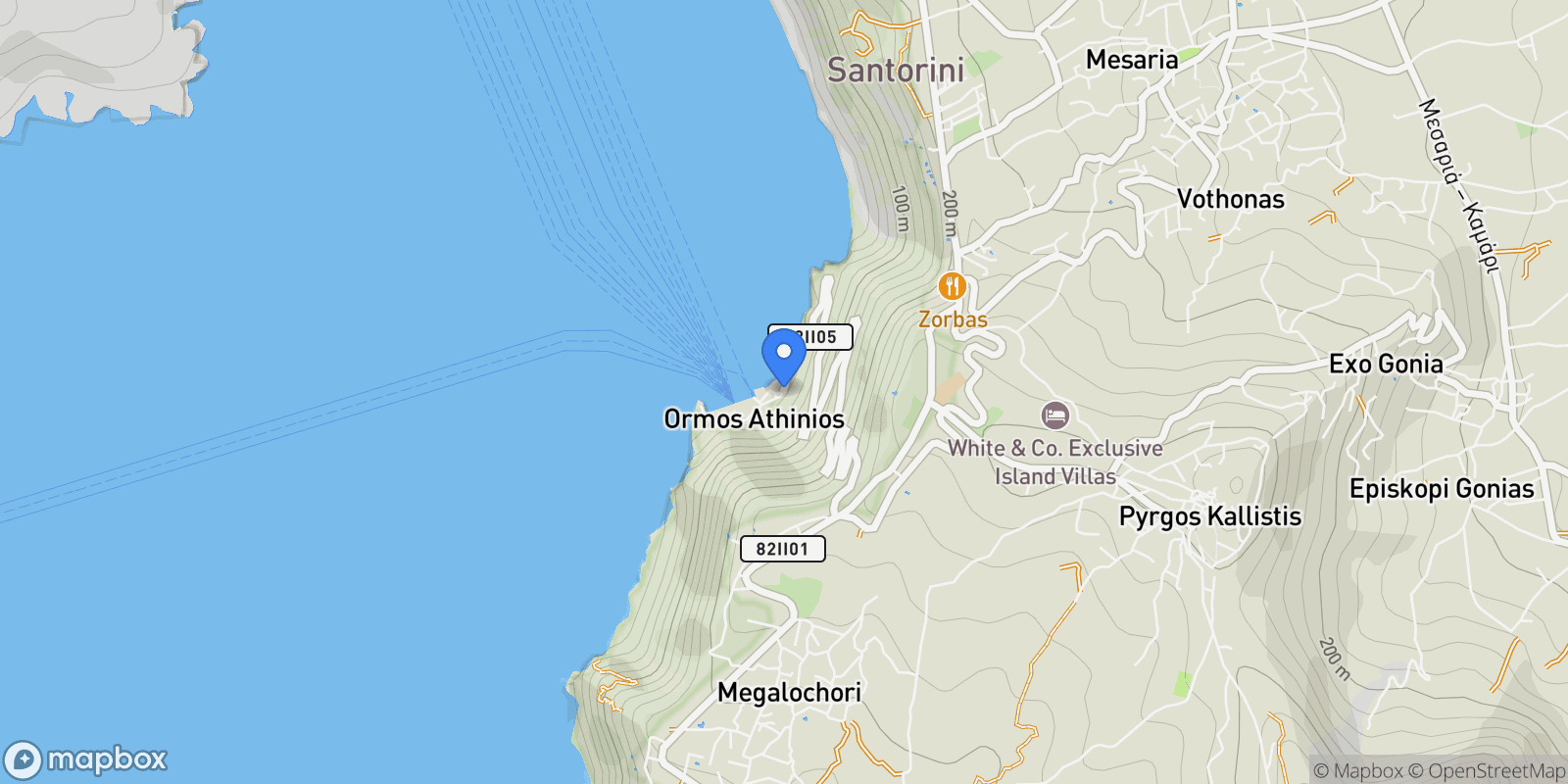 Map showing Epar.Od. Ormou Athiniou, Ormos Athinios 847 00, Greece, Thira, Aegean, Greece.