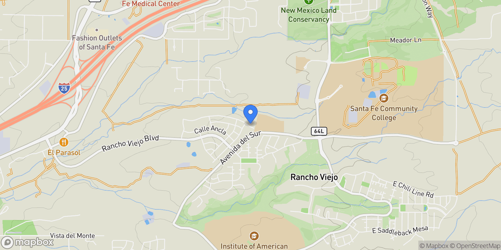 Map showing 105 Via Orilla Dorado, Santa Fe, NM 87508, Santa Fe, New Mexico, United States.