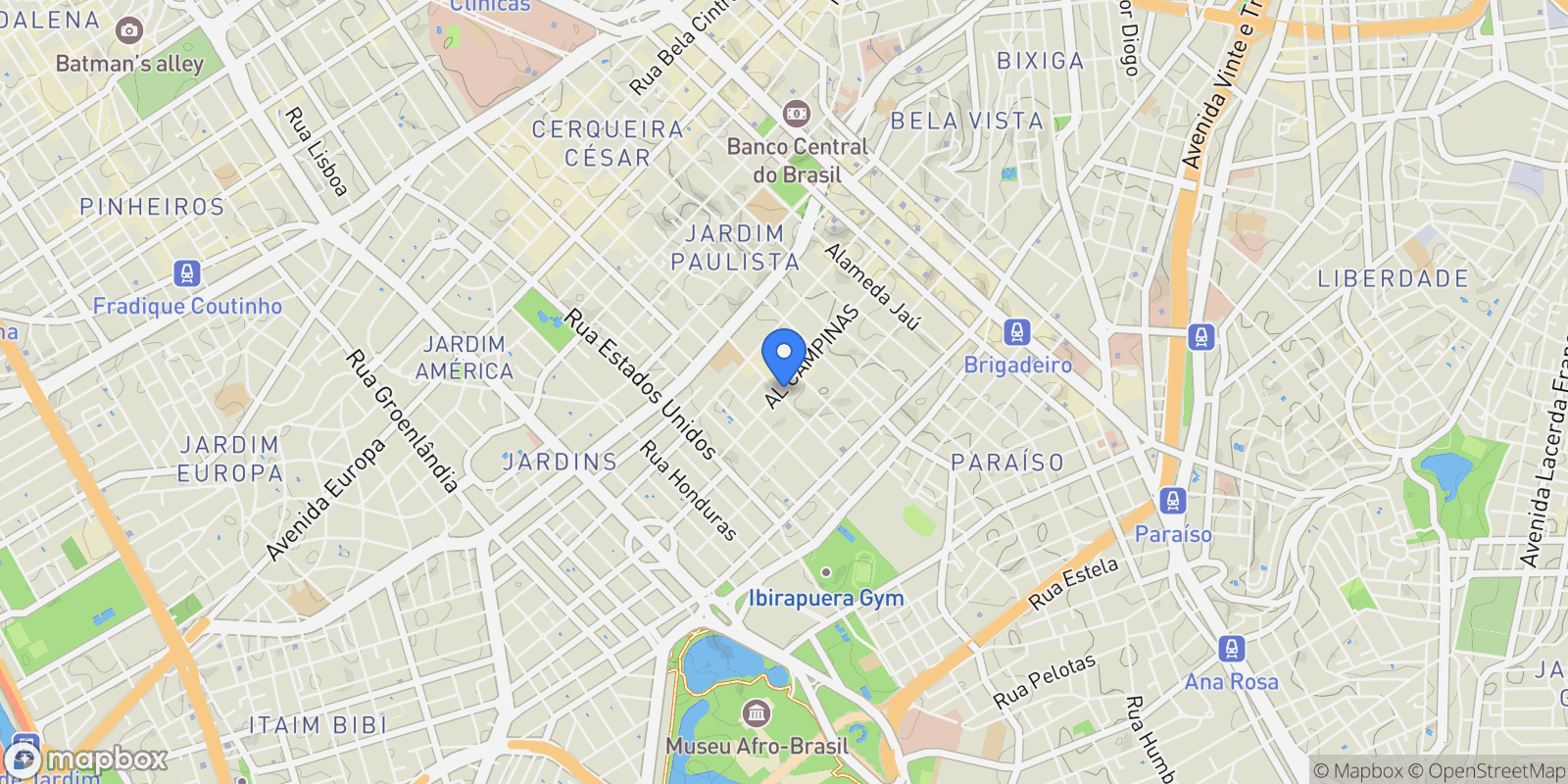 Map showing Alameda Campinas Jardim Paulista, São Paulo, SP 01404-002, São Paulo, State of São Paulo, Brazil.