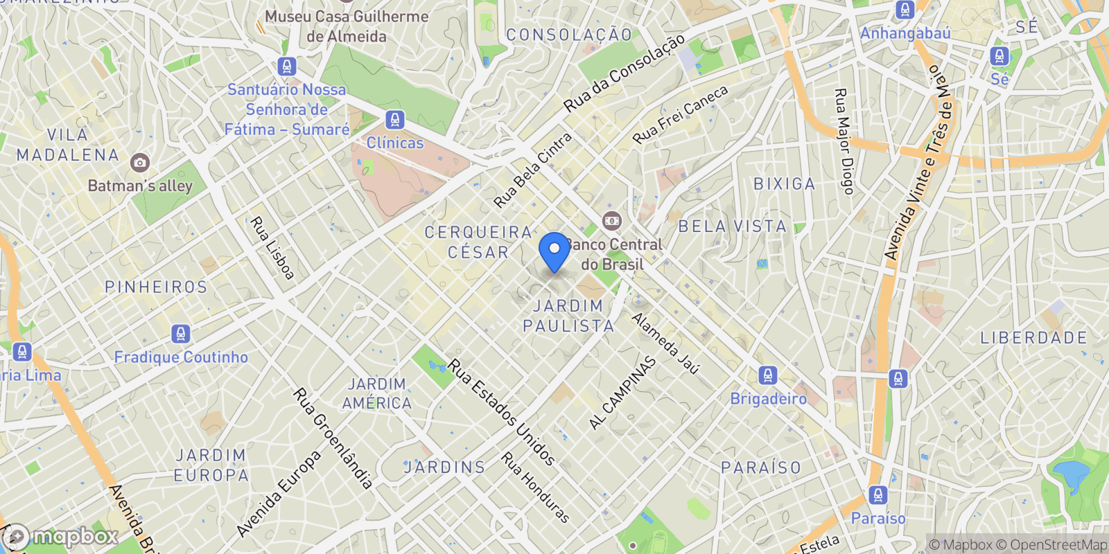 Map showing Alameda Itu Jardim América, São Paulo, SP 01421-001, São Paulo, State of São Paulo, Brazil.