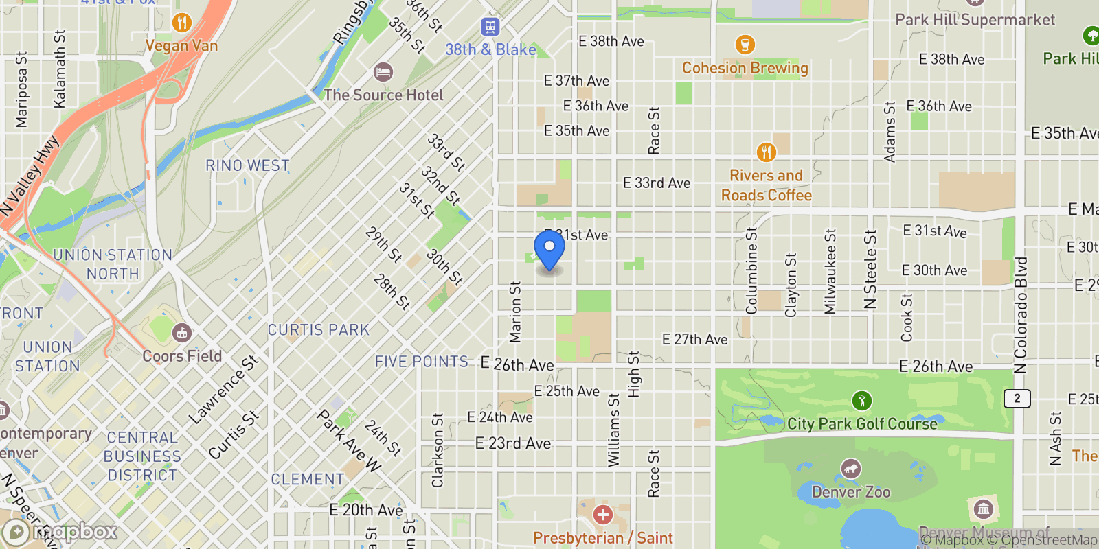 Map showing 2927 N Humboldt Street, Denver, CO 80205, Denver, Colorado, United States.
