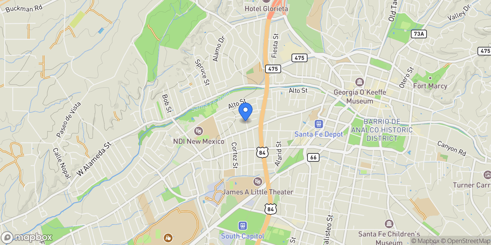 Map showing 332 Urioste, Santa Fe, NM 87501, Santa Fe, New Mexico, United States.