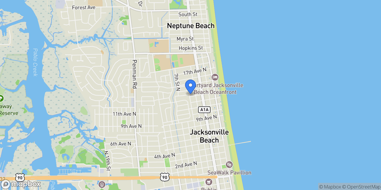 Map showing 1405 5th St N, Jacksonville Beach, FL 32250, Jacksonville Beach, Florida, United States.