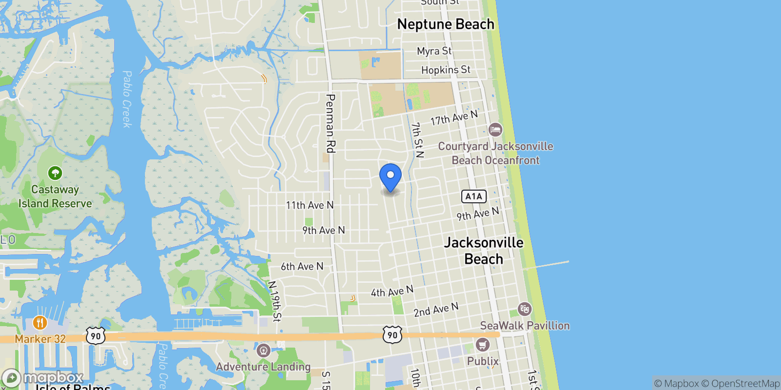 Map showing 1208 N 9th St, Jacksonville Beach, FL 32250, Jacksonville Beach, Florida, United States.