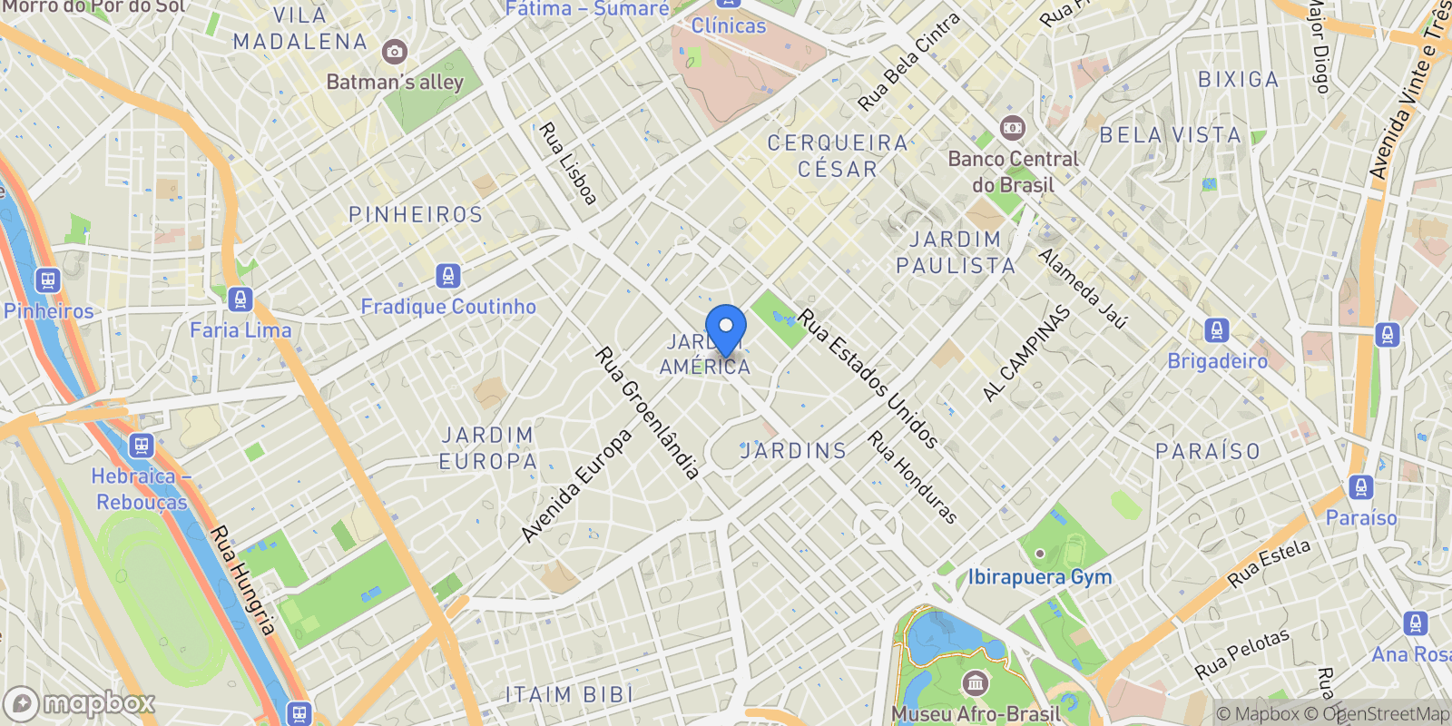 Map showing Rua México Jardim América, São Paulo, SP 01437-000, São Paulo, State of São Paulo, Brazil.