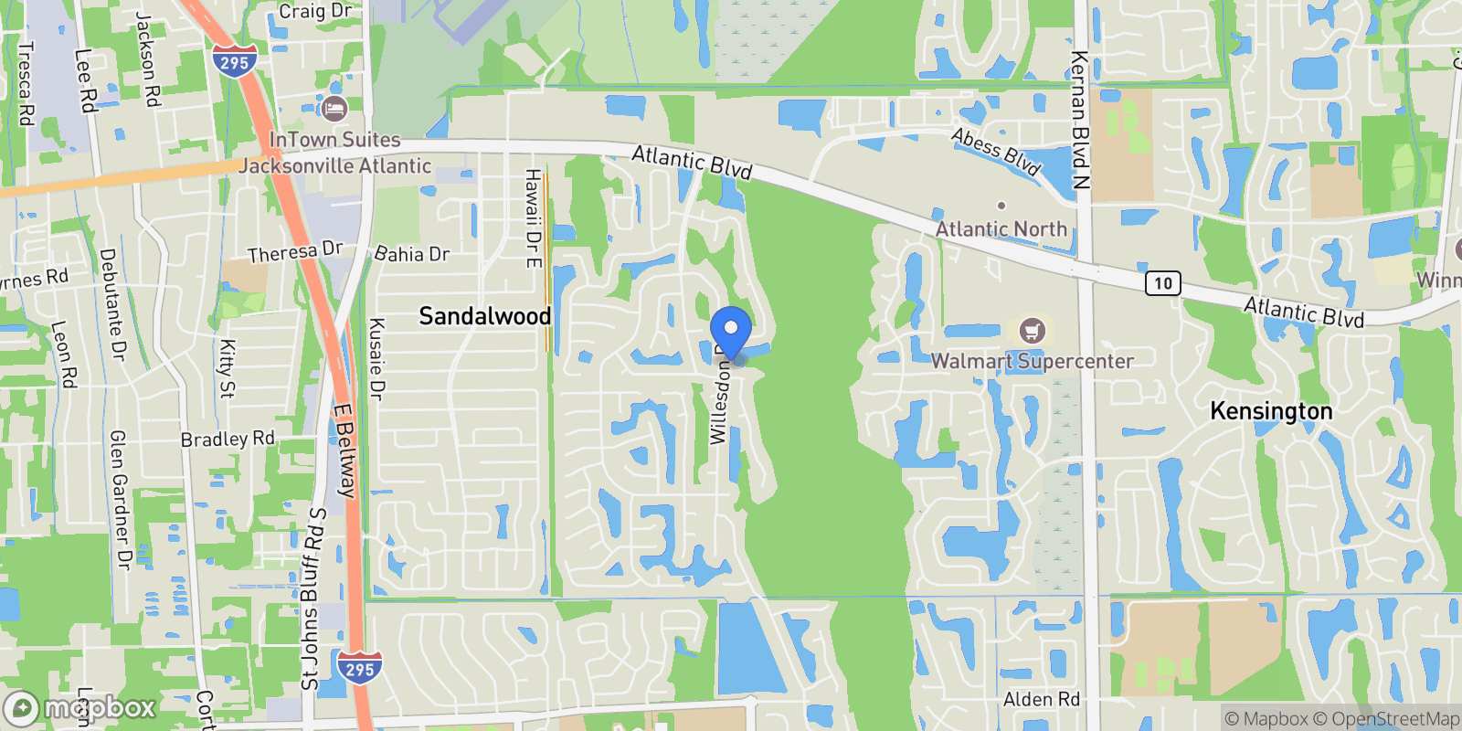 Map showing 1915 E Willesdon Dr, Jacksonville, FL 32246, Jacksonville, Florida, United States.