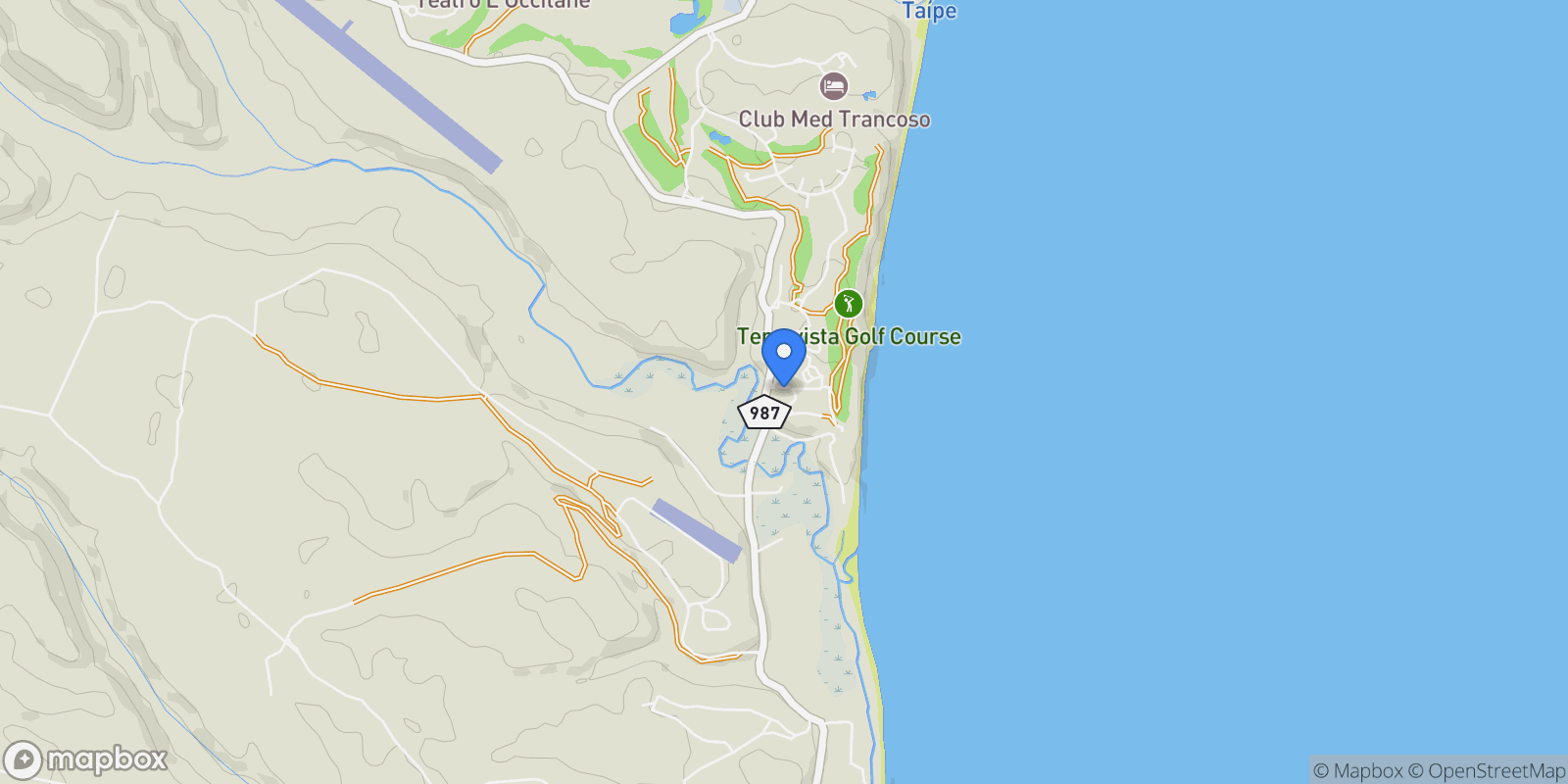 Map showing Estrada Municipal de Trancoso Praia das Tartarugas, Trancoso, BA 45810-000, State of Bahia, Brazil.