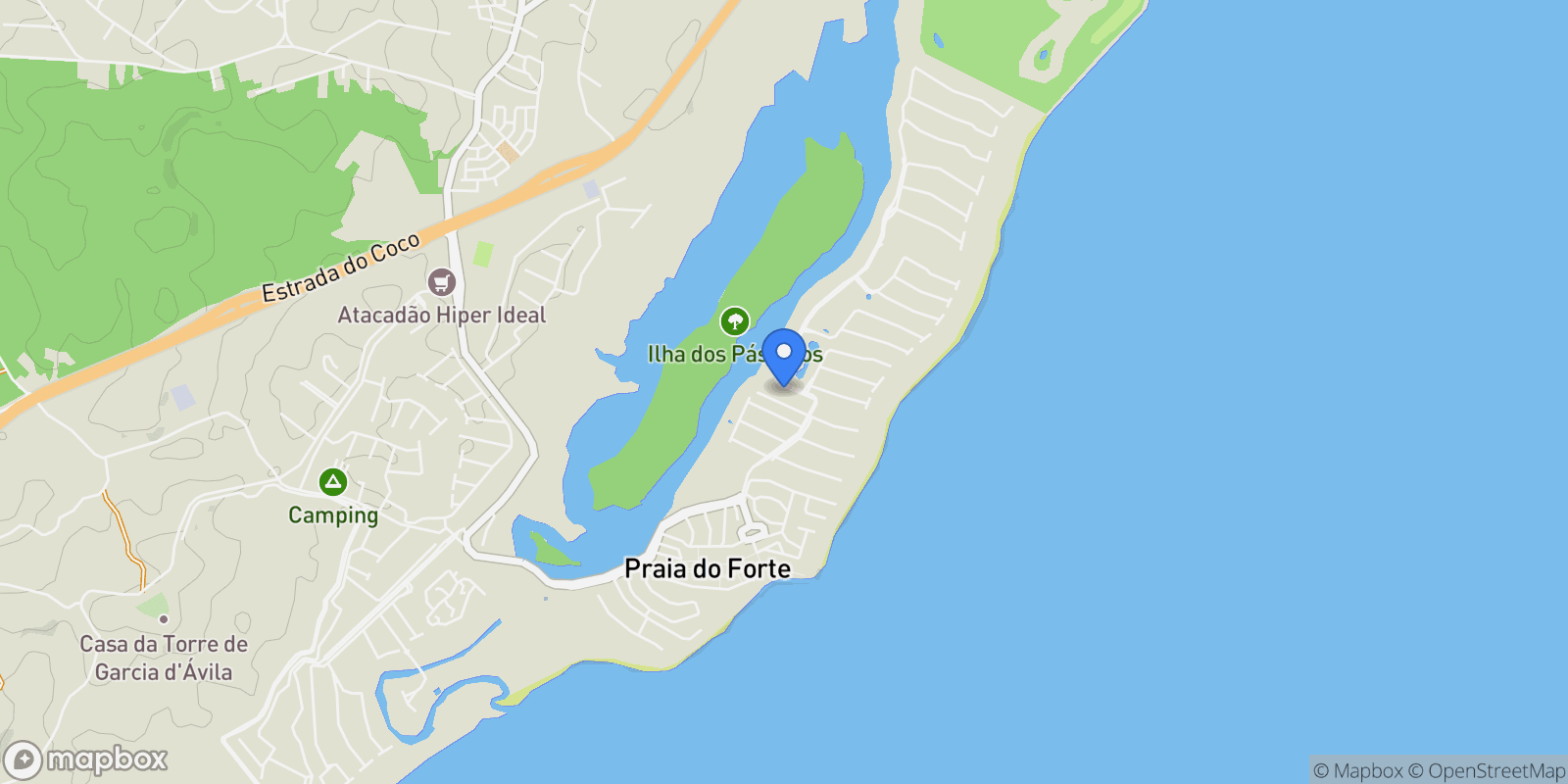 Map showing Rua do Acarajé Praia do Forte, Praia do Forte (Mata de São João), BA 48287-000, Praia do Forte, State of Bahia, Brazil.