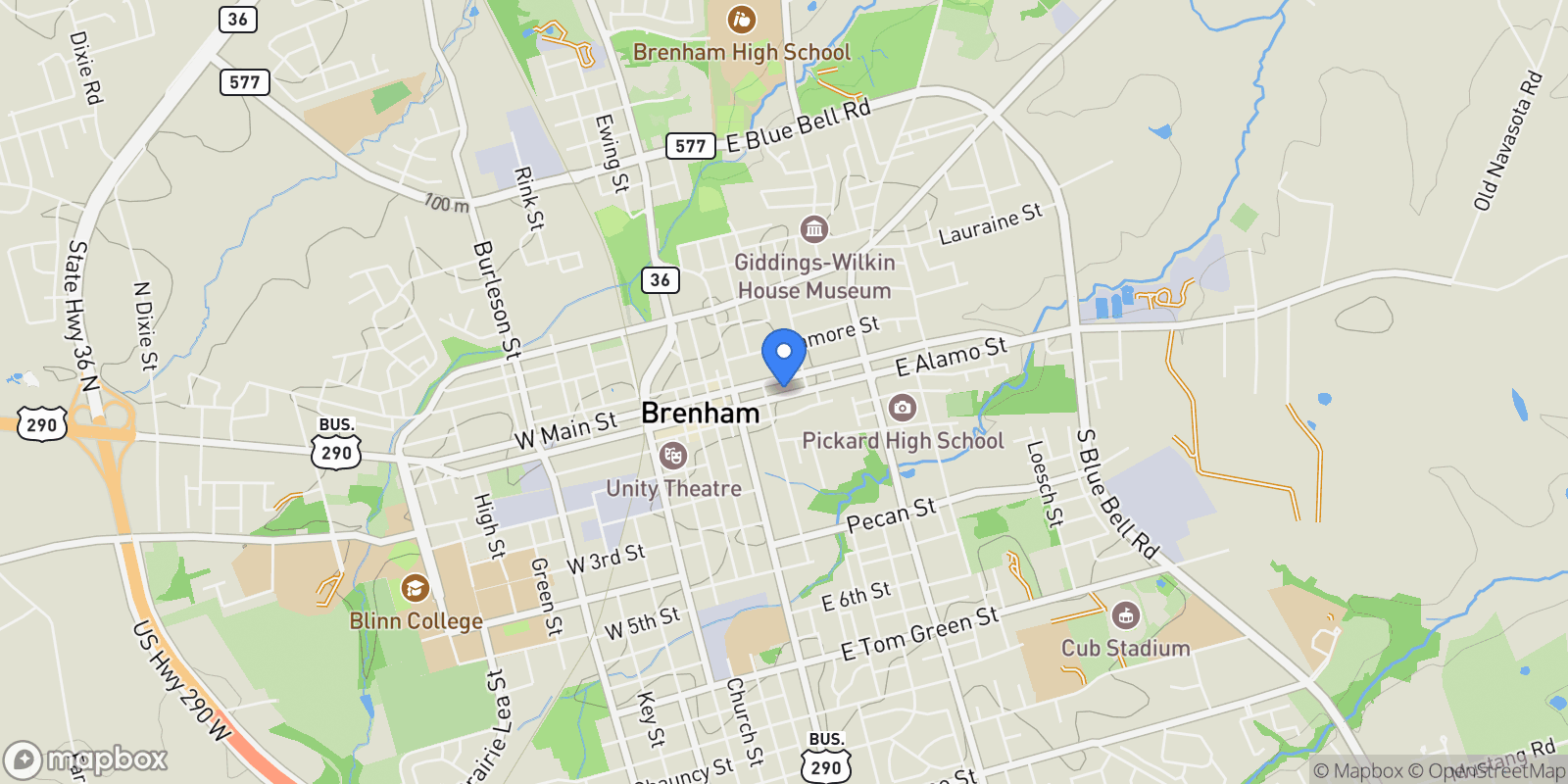Map showing 407 E Alamo Street, Brenham, Texas, United States.
