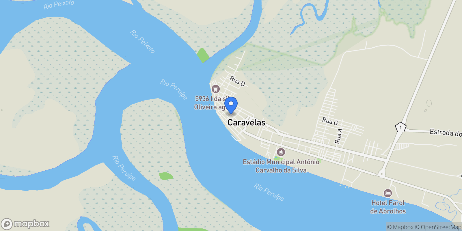 Map showing Estrada do Yemanja Praia de Zeloris, Caravelas, BA 45900-000, Caravelas, State of Bahia, Brazil.