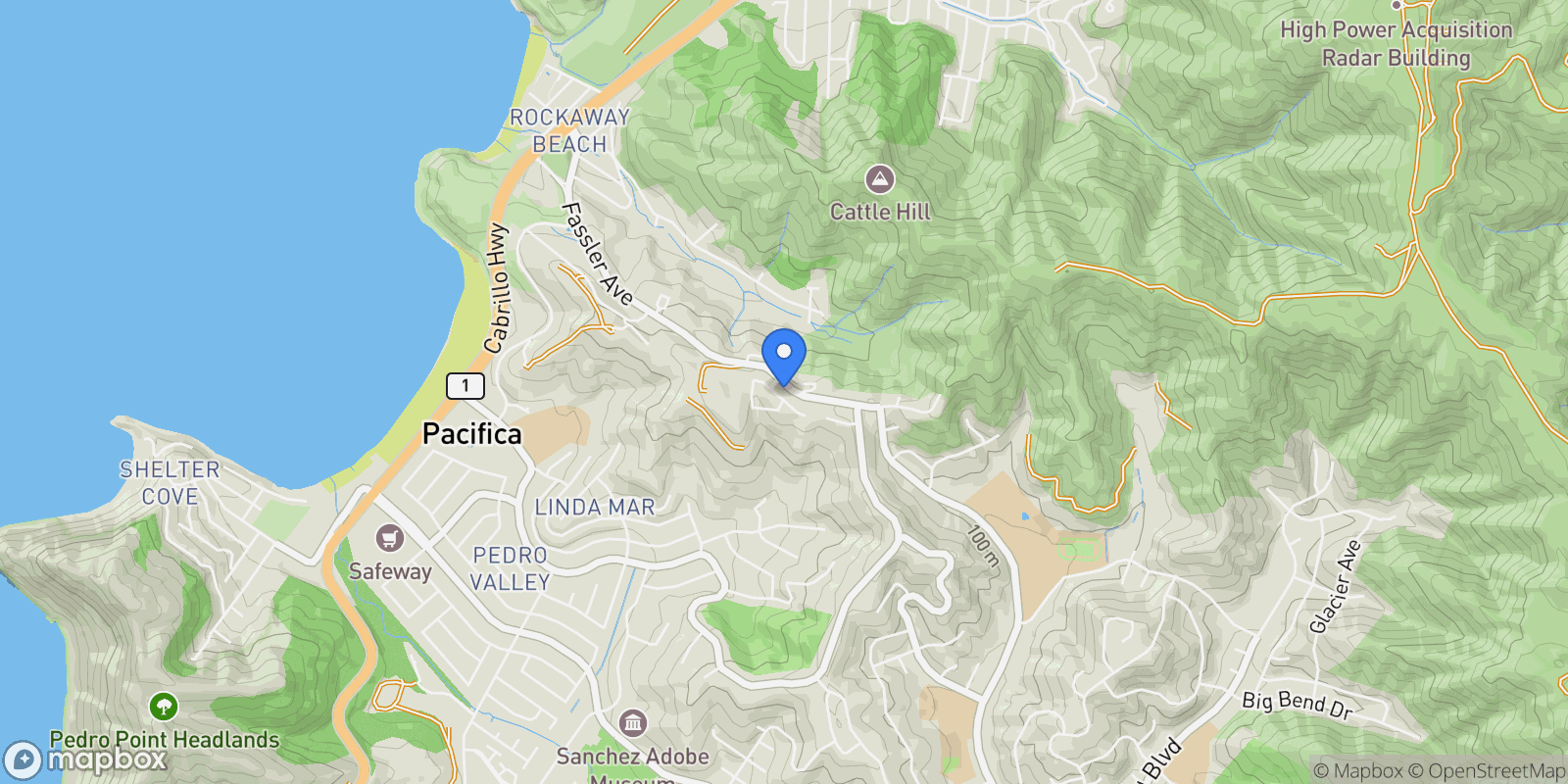 Map showing 26 Driftwood Court, Pacifica, California, United States.