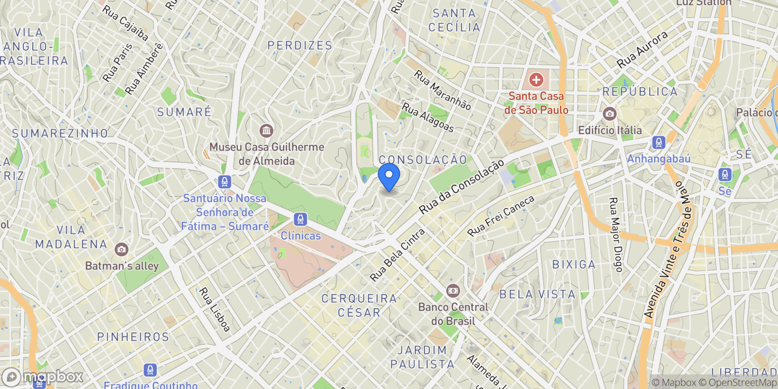 Map showing Rua Bahia , São Paulo, SP 01244-001, São Paulo, State of São Paulo, Brazil.
