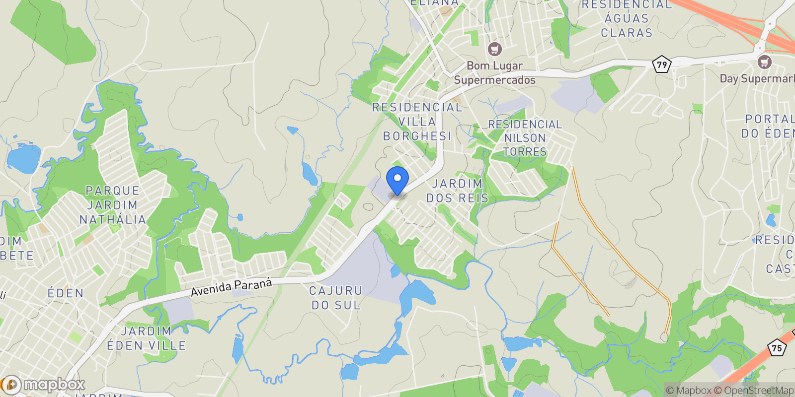 Map showing Rodovia Waldomiro Corrêa de Camargo Terras de São José, Itu, SP 13308-200, Cajuru do Sul, State of São Paulo, Brazil.