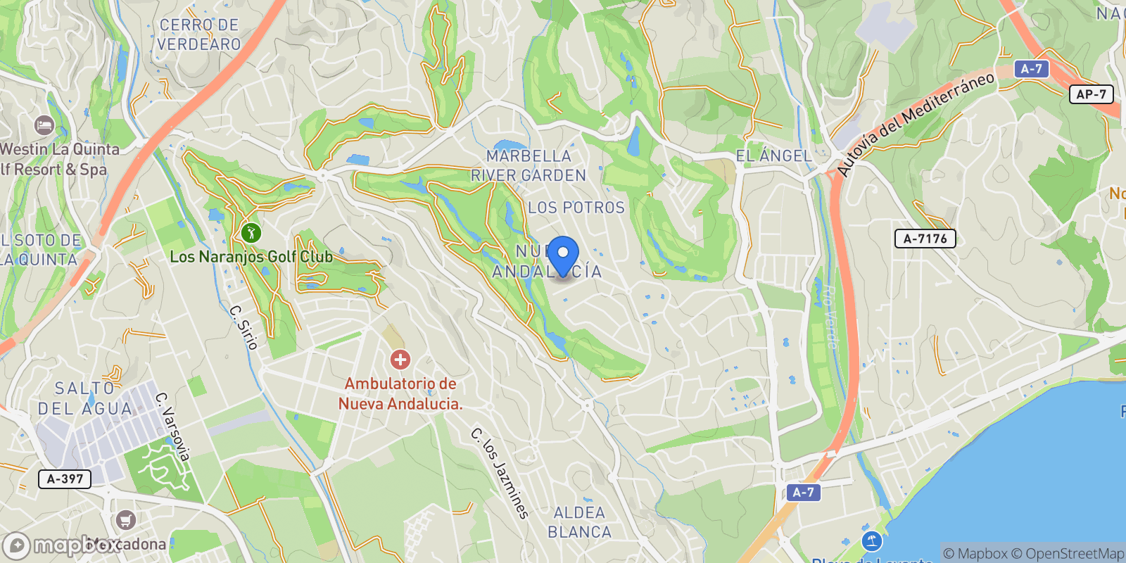 Map showing Málaga, Nueva Andalucia, Marbella, Spain.