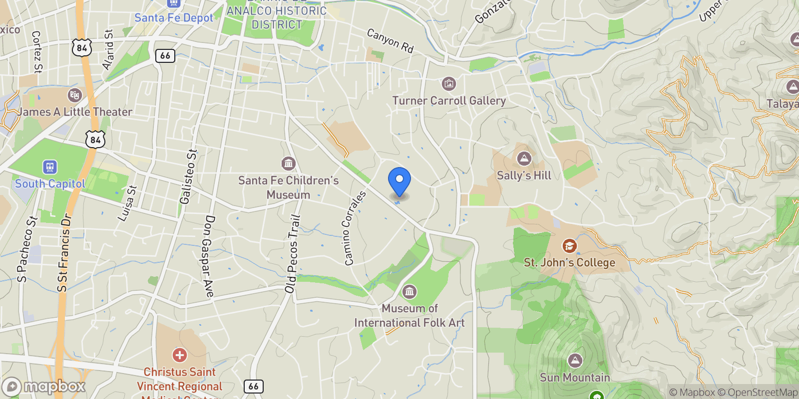 Map showing 1021 Old Santa Fe Trail, Santa Fe, NM 87505, Santa Fe, New Mexico, United States.