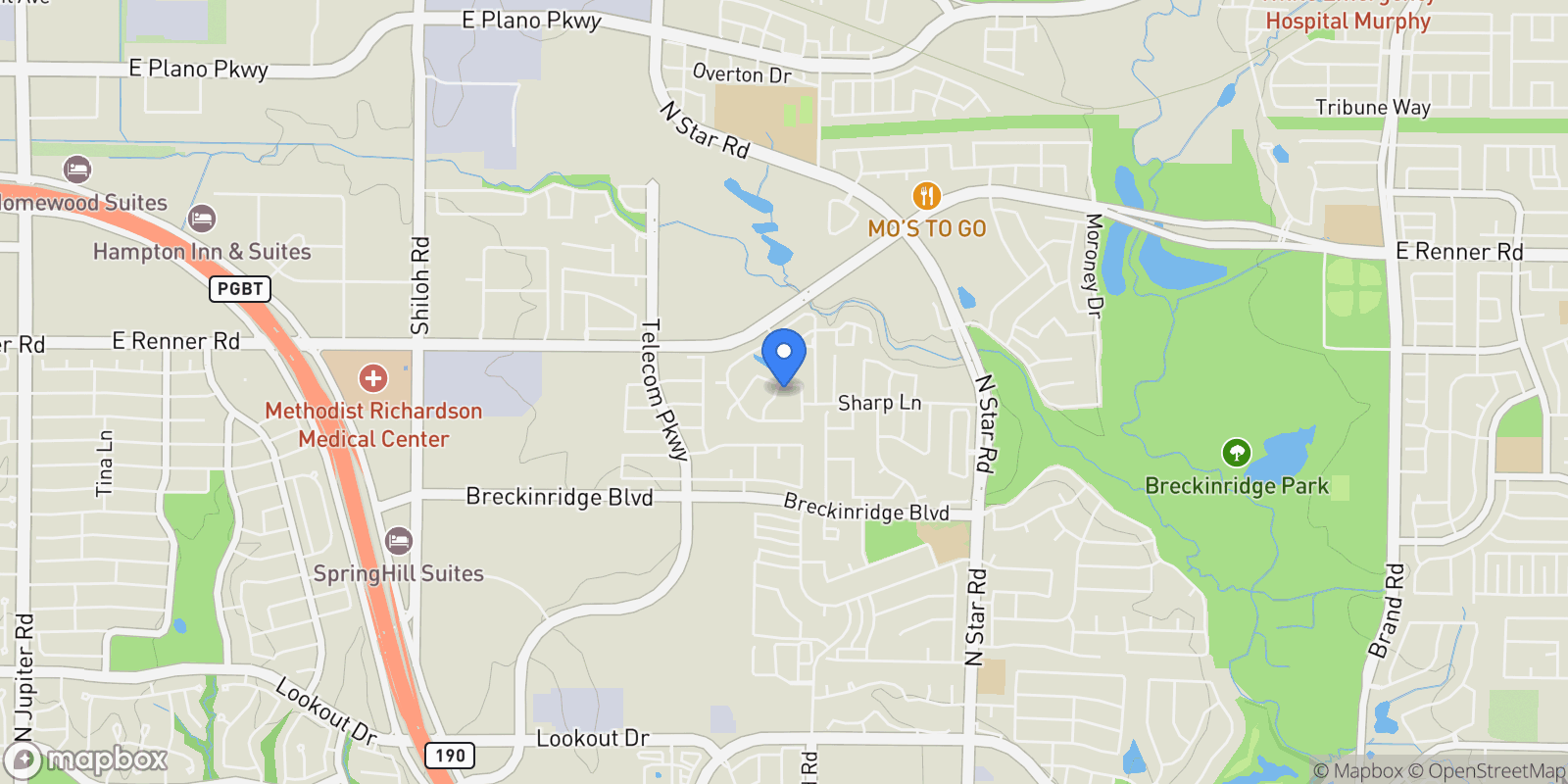 Map showing 3210 Walker Drive, Richardson, Texas, United States.