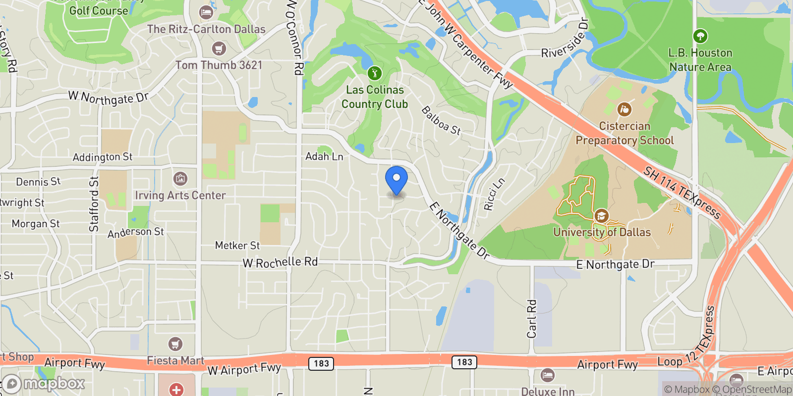 Map showing 3426 Wingren Drive, Irving, Texas, United States.