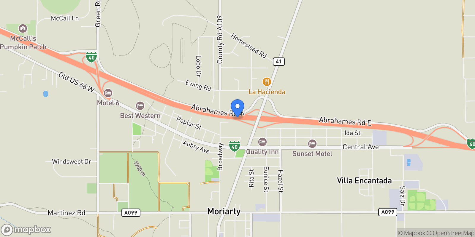 Map showing 0 I-40 Interchange Hwy 41, Moriarty, NM 87035, Moriarty, New Mexico, United States.