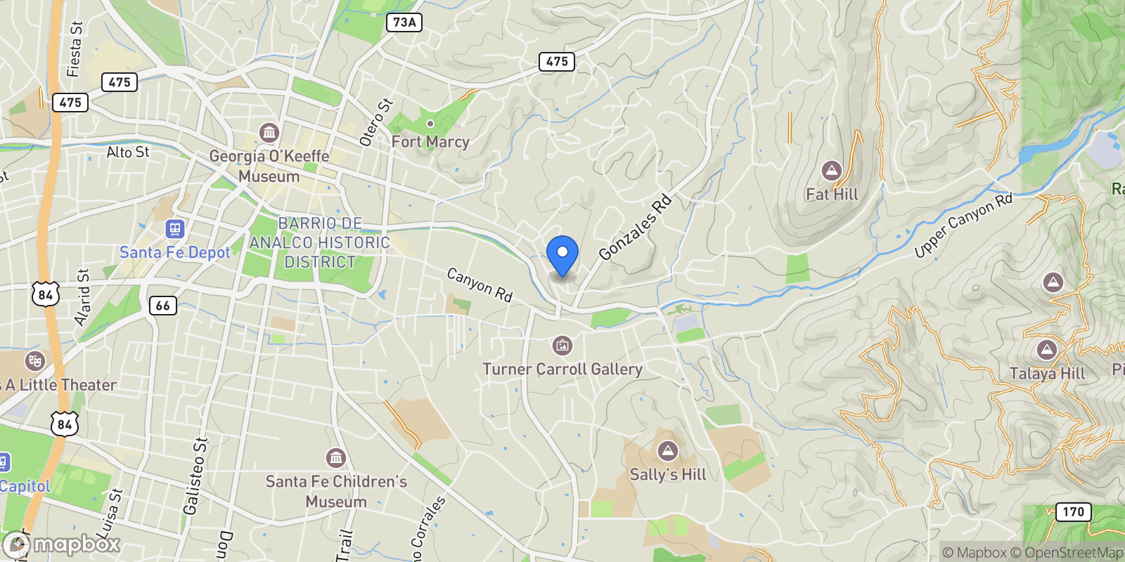 Map showing 1 Cerro Gordo B, Santa Fe, NM 87501, Santa Fe, New Mexico, United States.