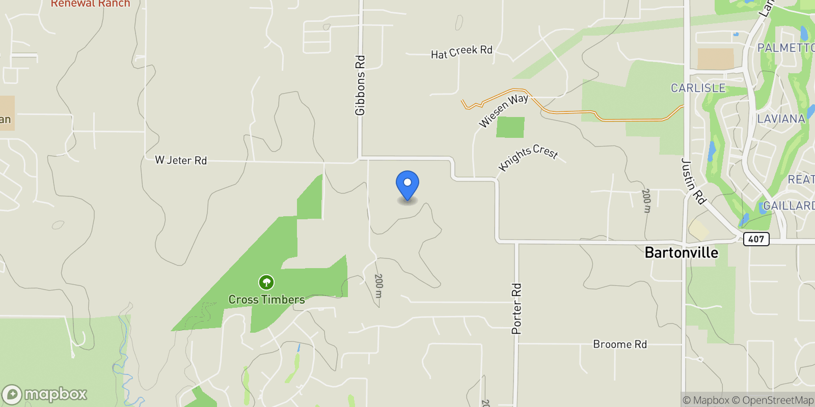 Map showing 480 E Jeter Road, Lantana, Texas, United States.
