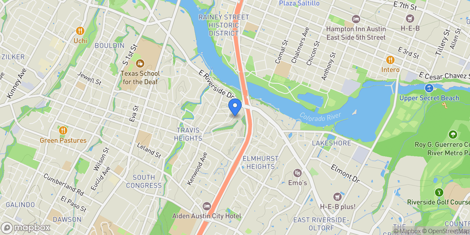 Map showing 1319 Bonham TER, Austin, TX, 78704, USA, Austin, Texas, United States.