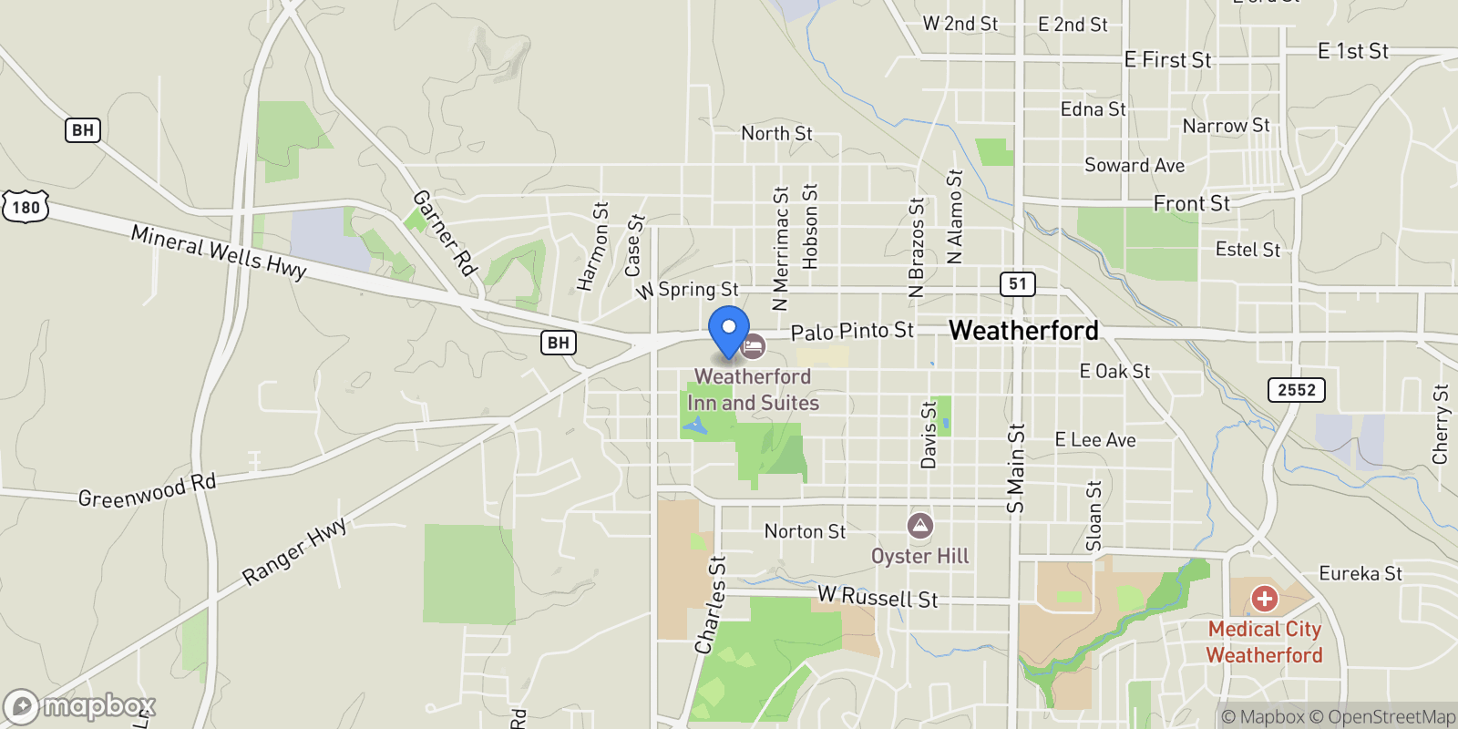 Map showing 1008 Old Oaks Court, Weatherford, Texas, United States.