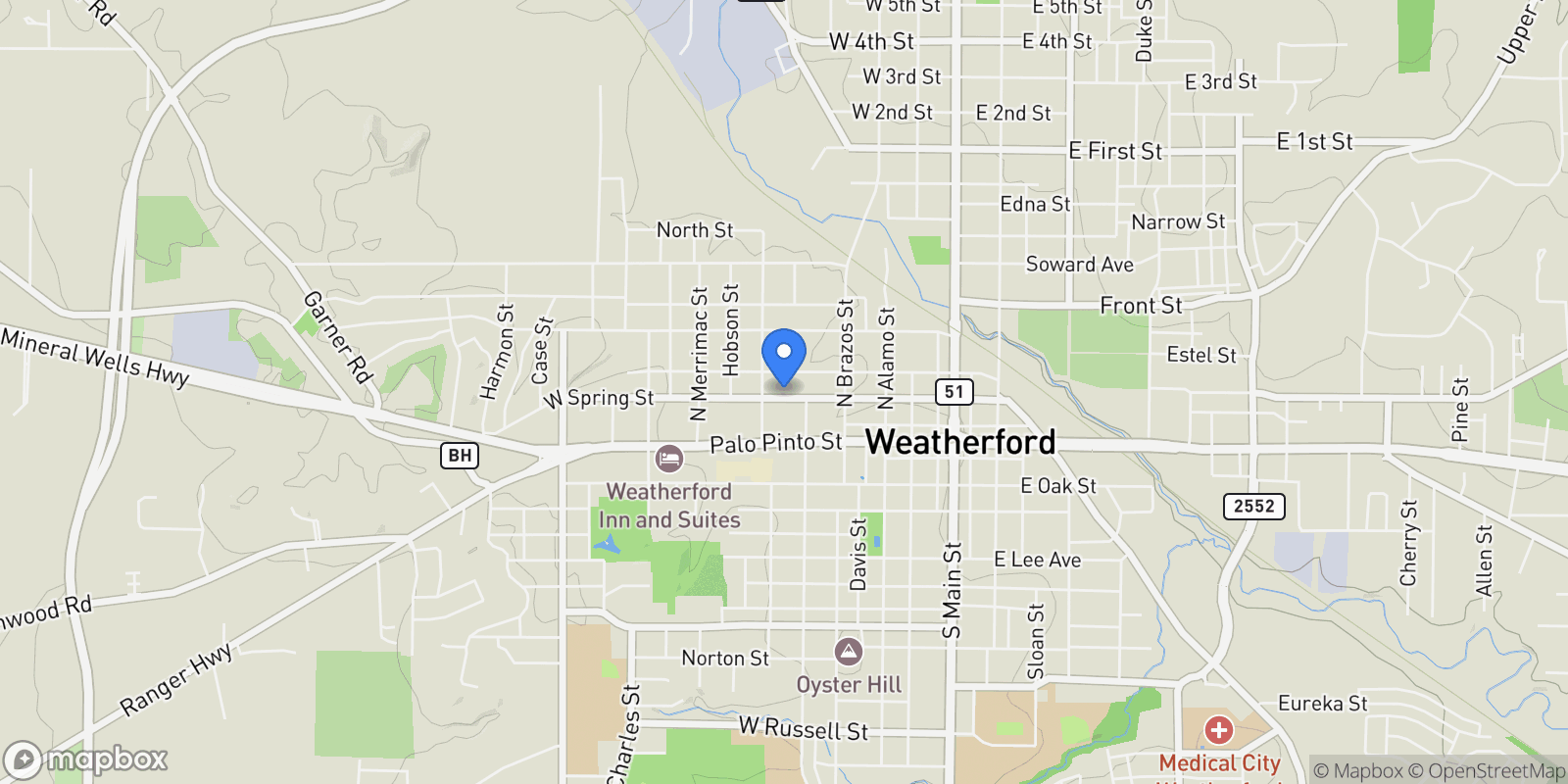 Map showing 514 W Spring Street, Weatherford, Texas, United States.