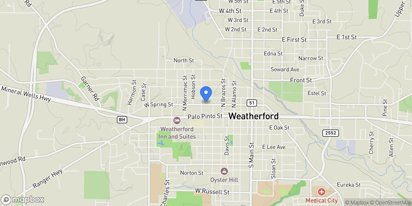 Map showing 516 W Spring Street, Weatherford, Texas, United States.